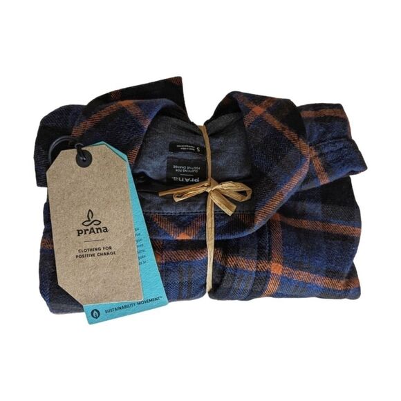prAna Organic Flannel Shirt Rich Sapphire Blue Plaid Cozy Fall Layering Sz S NWT - Picture 5 of 11